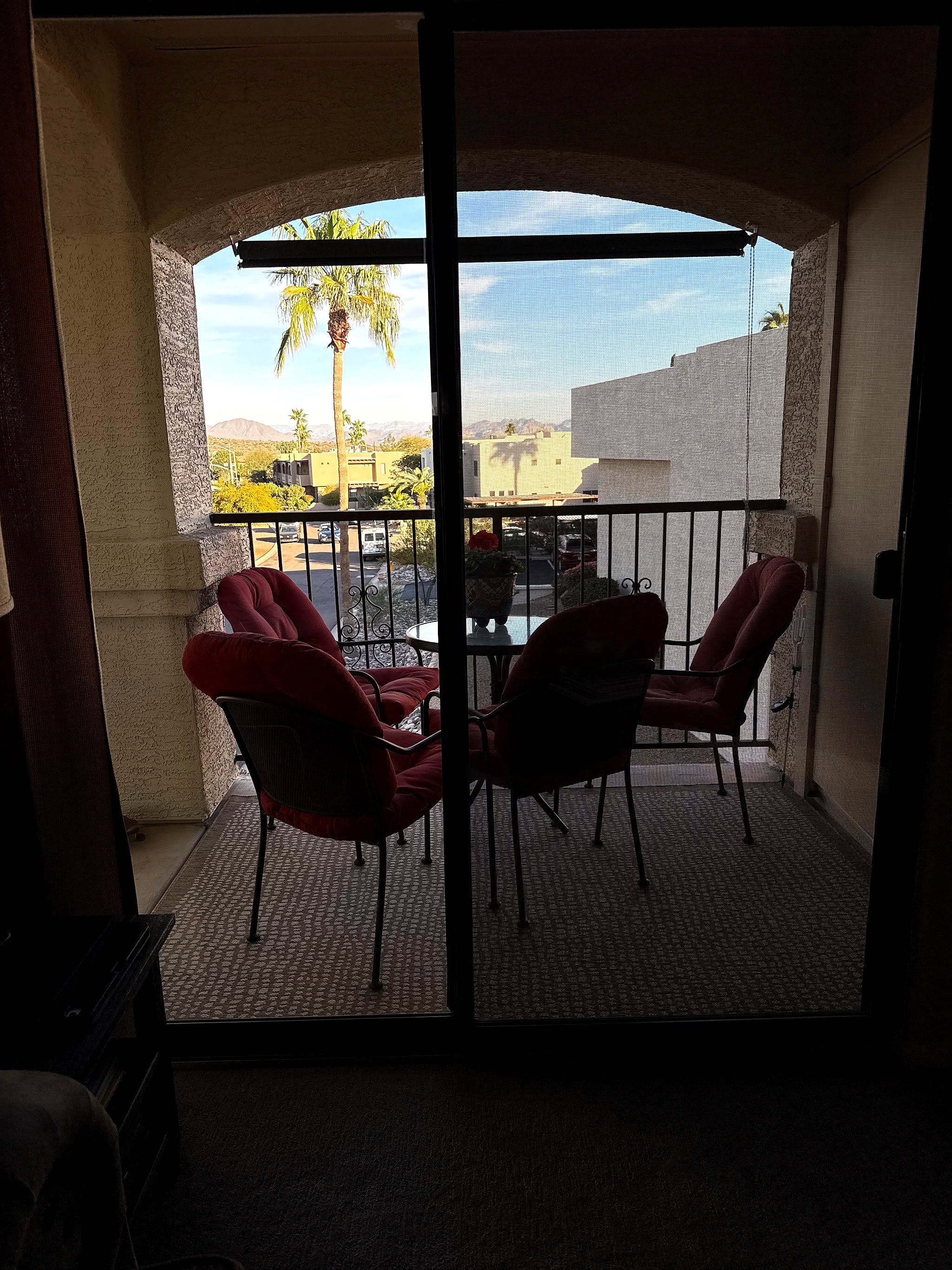 Balcony with screens and a view of palm trees